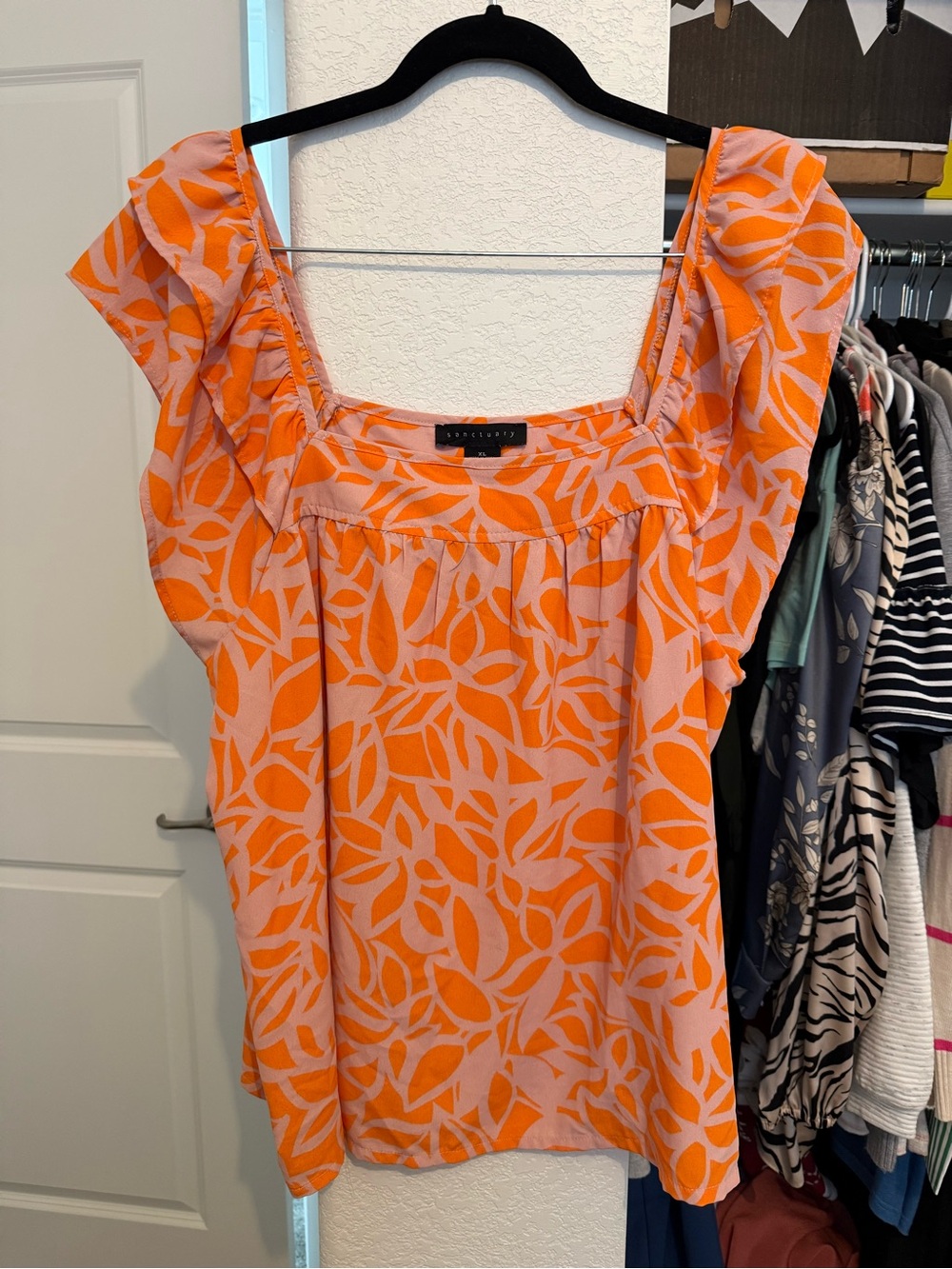 Sanctuary Orange Leaf-Print Square Neck Blouse 🧡